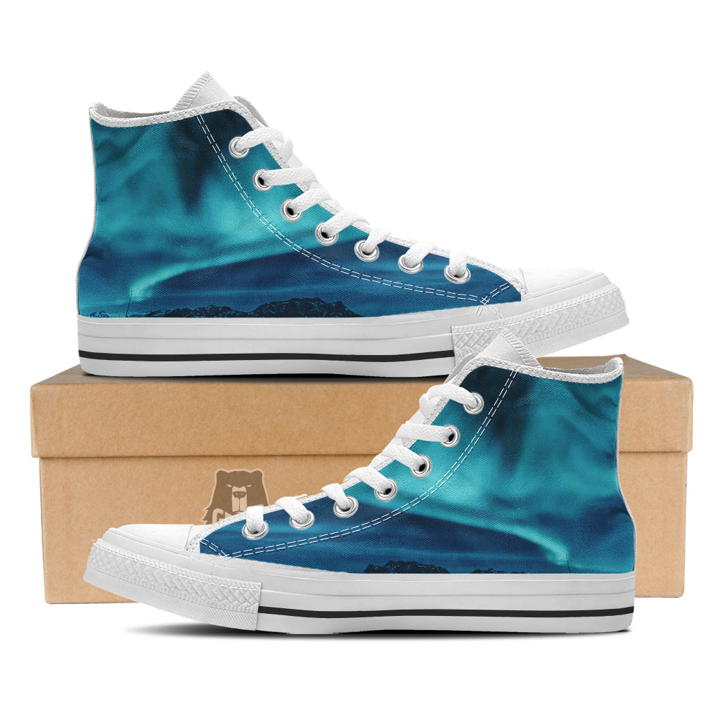 Blue Northern Lights And Mountain Print White High Top Shoes-grizzshop