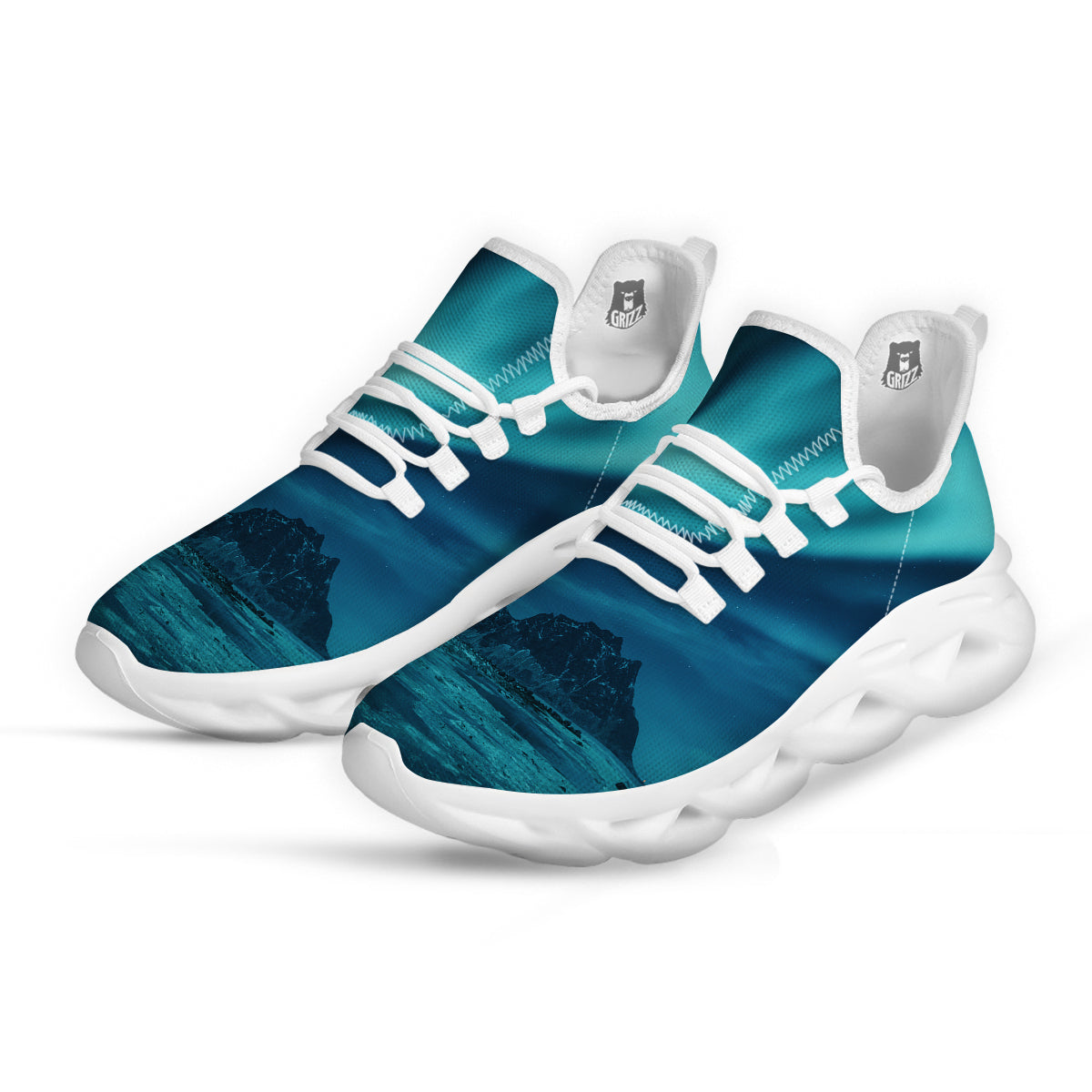 Blue Northern Lights And Mountain Print White Running Shoes-grizzshop