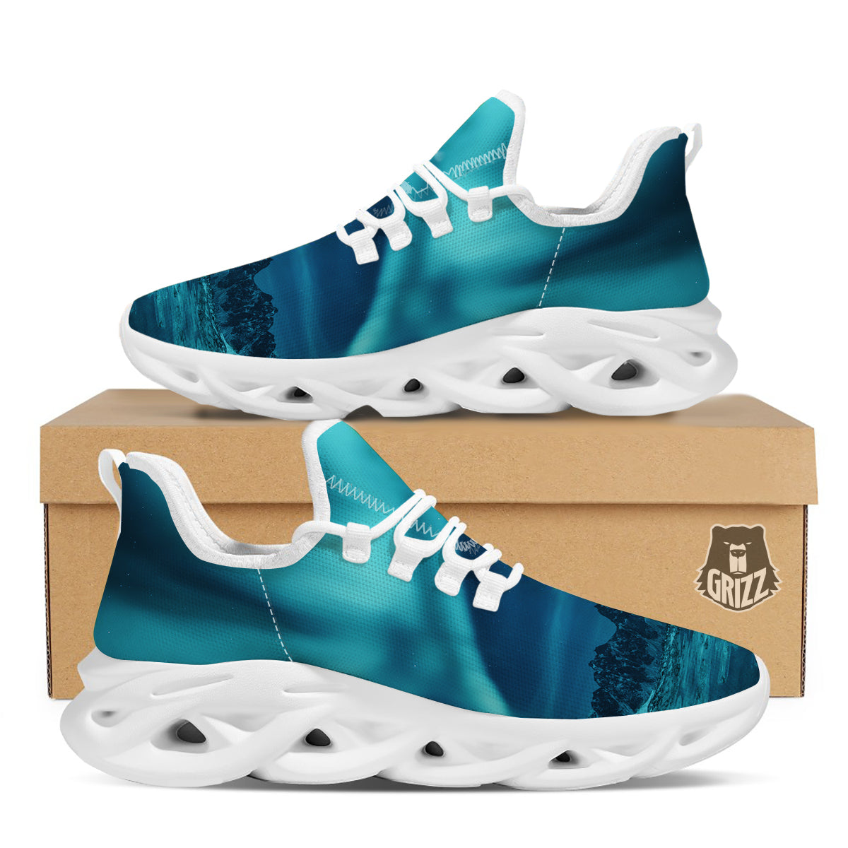 Blue Northern Lights And Mountain Print White Running Shoes-grizzshop