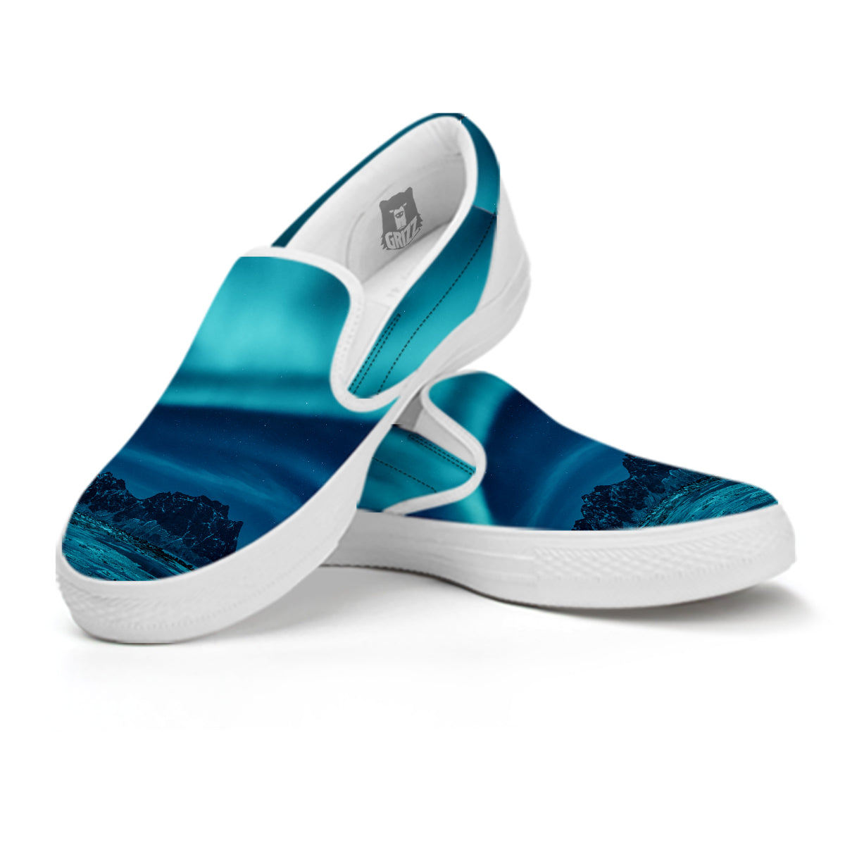 Blue Northern Lights And Mountain Print White Slip On Shoes-grizzshop