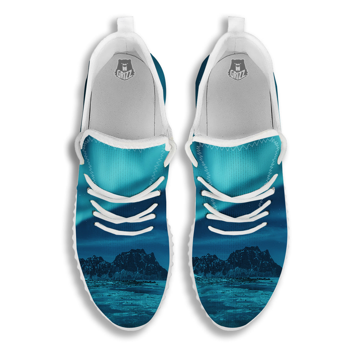 Blue Northern Lights And Mountain Print White Walking Shoes-grizzshop