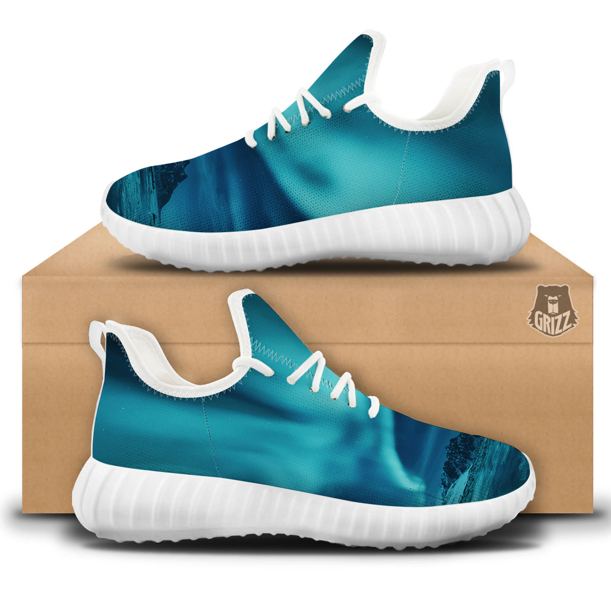 Blue Northern Lights And Mountain Print White Walking Shoes-grizzshop