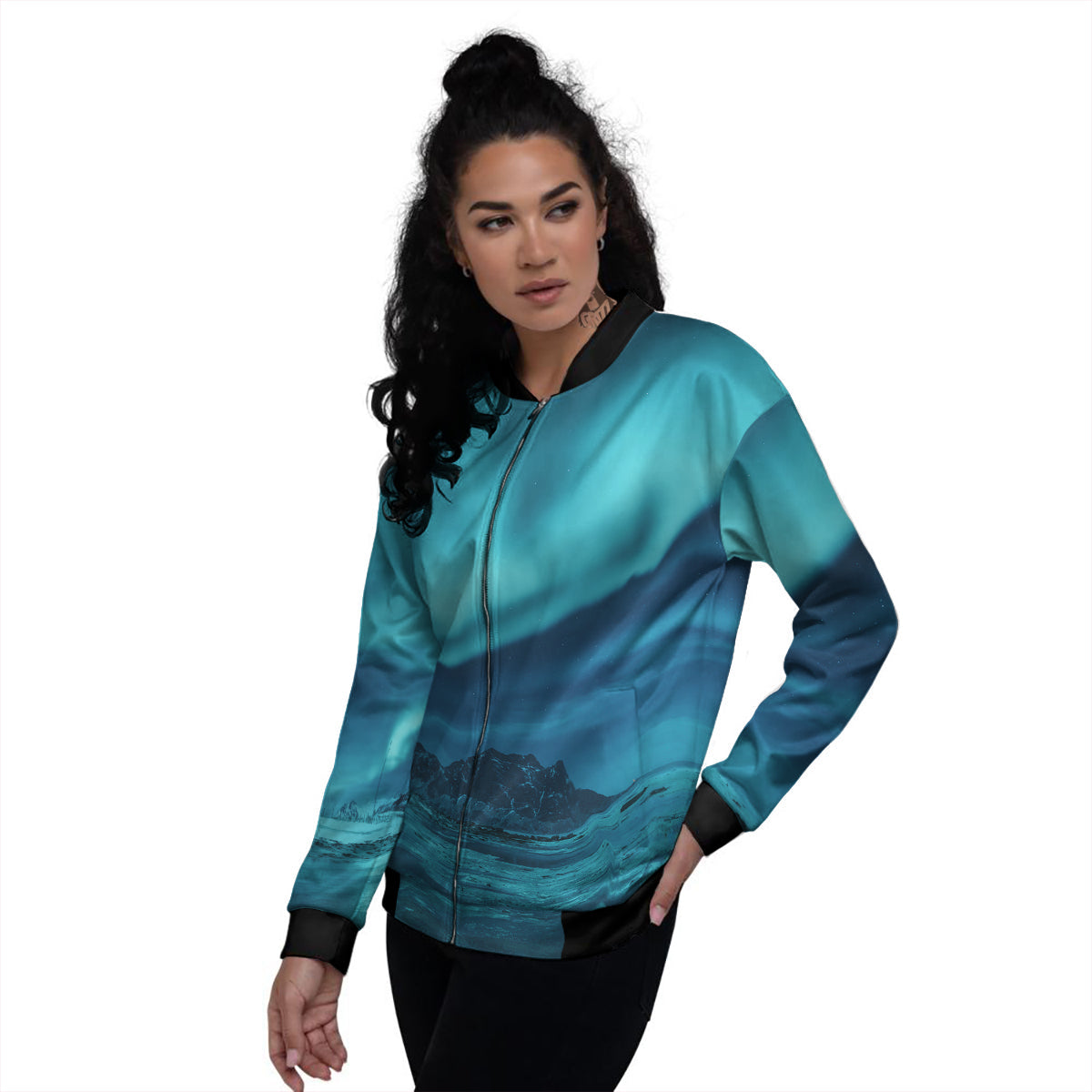 Blue Northern Lights And Mountain Print Women's Bomber Jacket-grizzshop