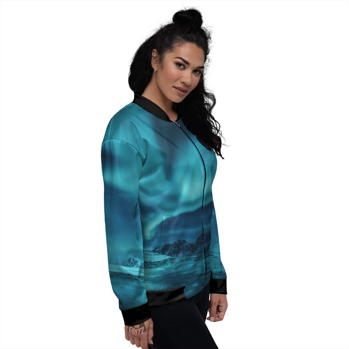 Blue Northern Lights And Mountain Print Women's Bomber Jacket-grizzshop