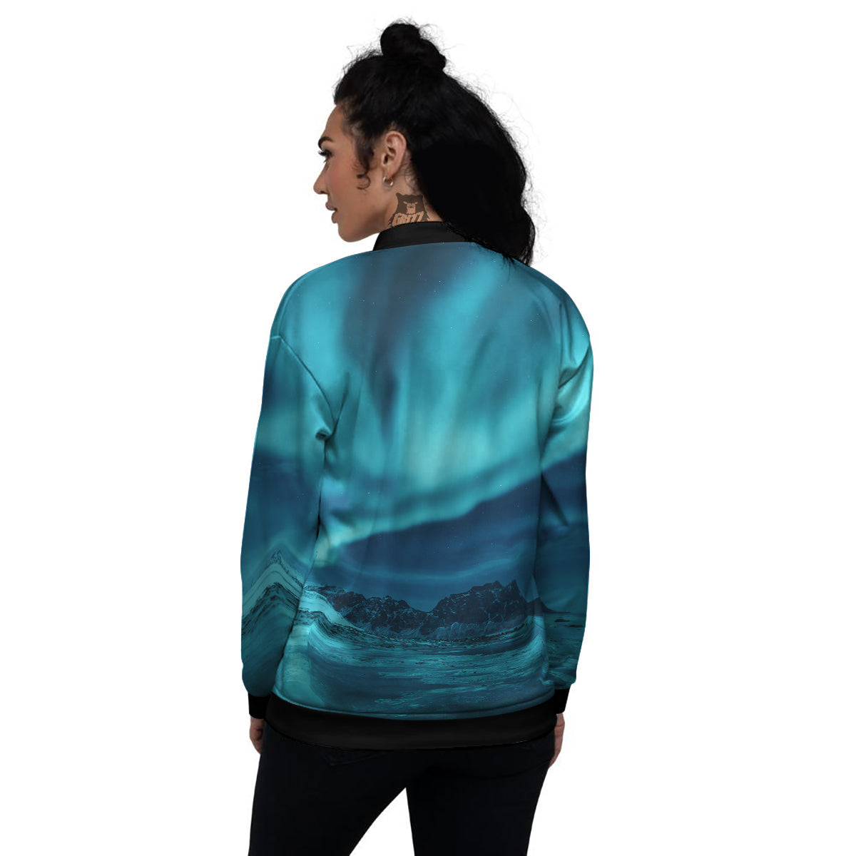 Blue Northern Lights And Mountain Print Women's Bomber Jacket-grizzshop