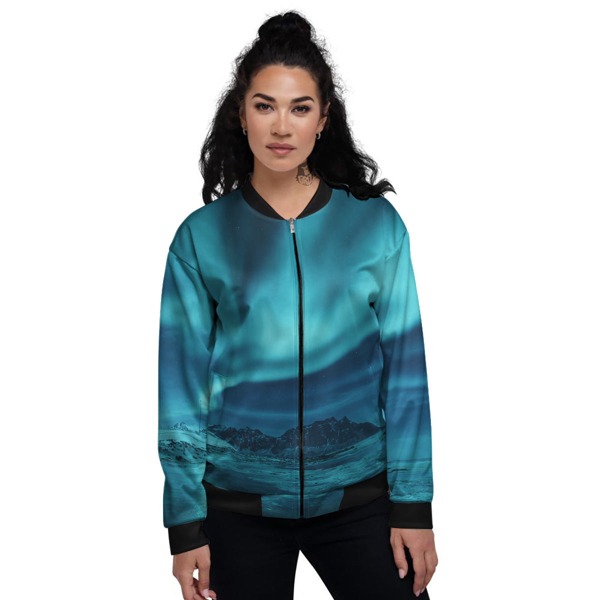 Blue Northern Lights And Mountain Print Women's Bomber Jacket-grizzshop