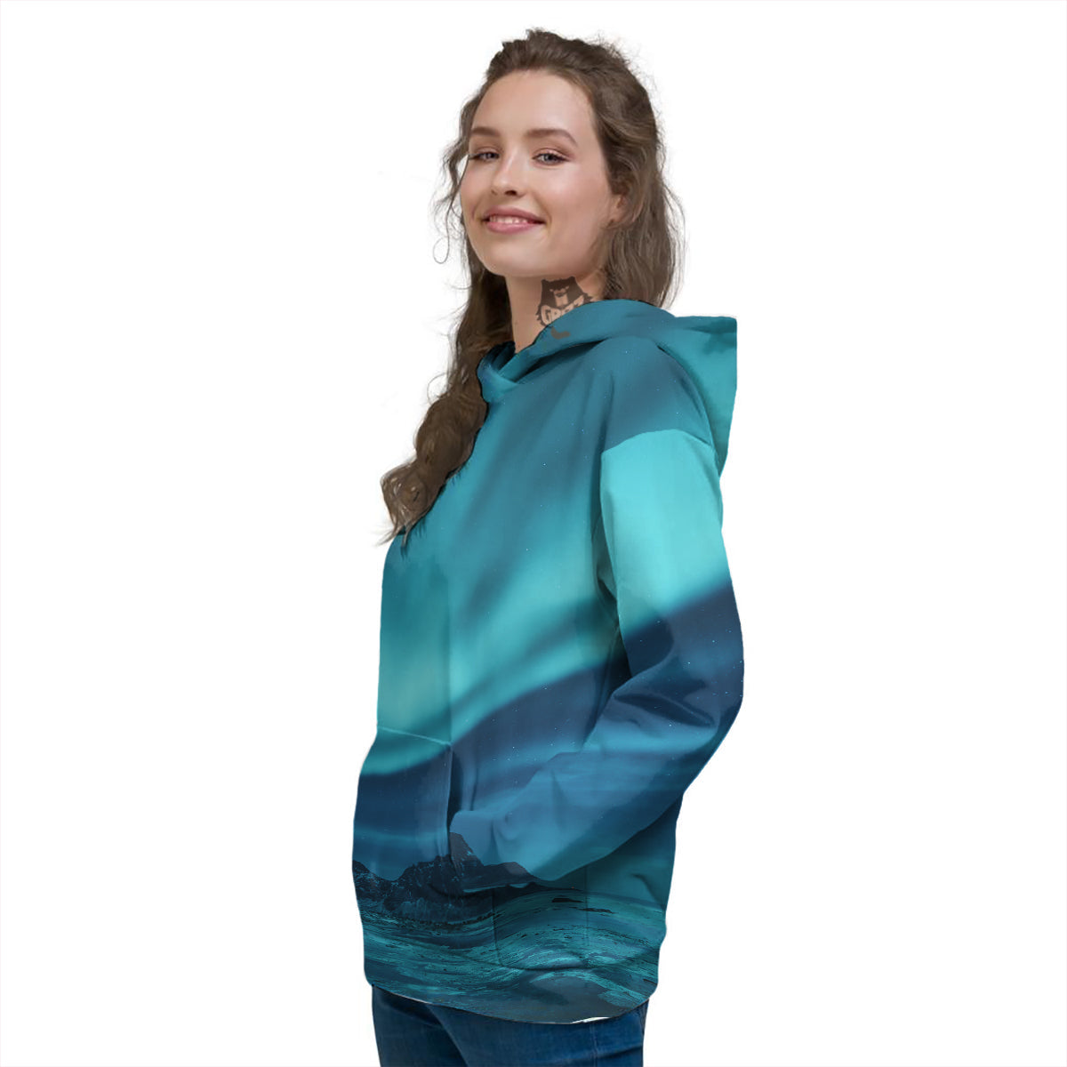 Blue Northern Lights And Mountain Print Women's Hoodie-grizzshop