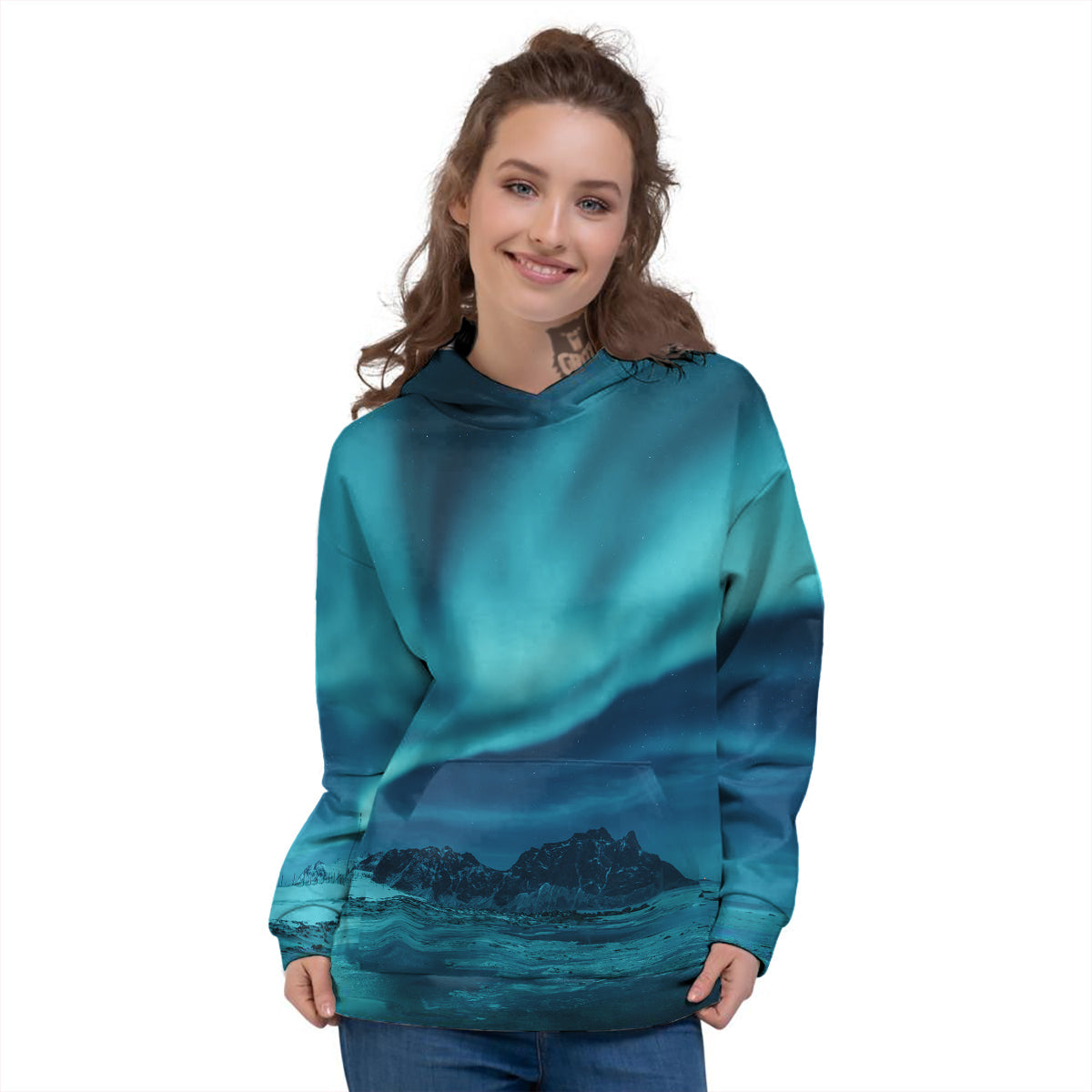 Blue Northern Lights And Mountain Print Women's Hoodie-grizzshop