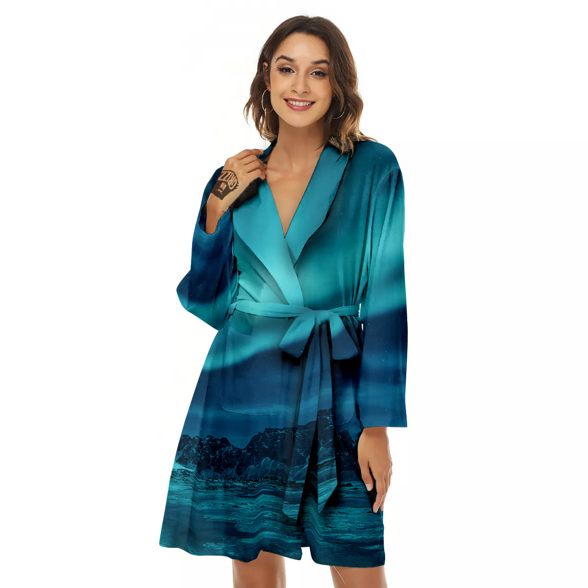 Blue Northern Lights And Mountain Print Women's Robe-grizzshop