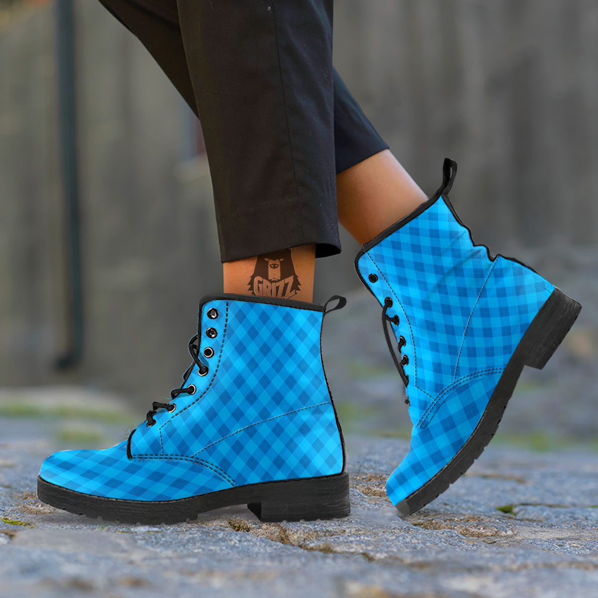 Blue Ocean Argyle Print Pattern Leather Boots-grizzshop