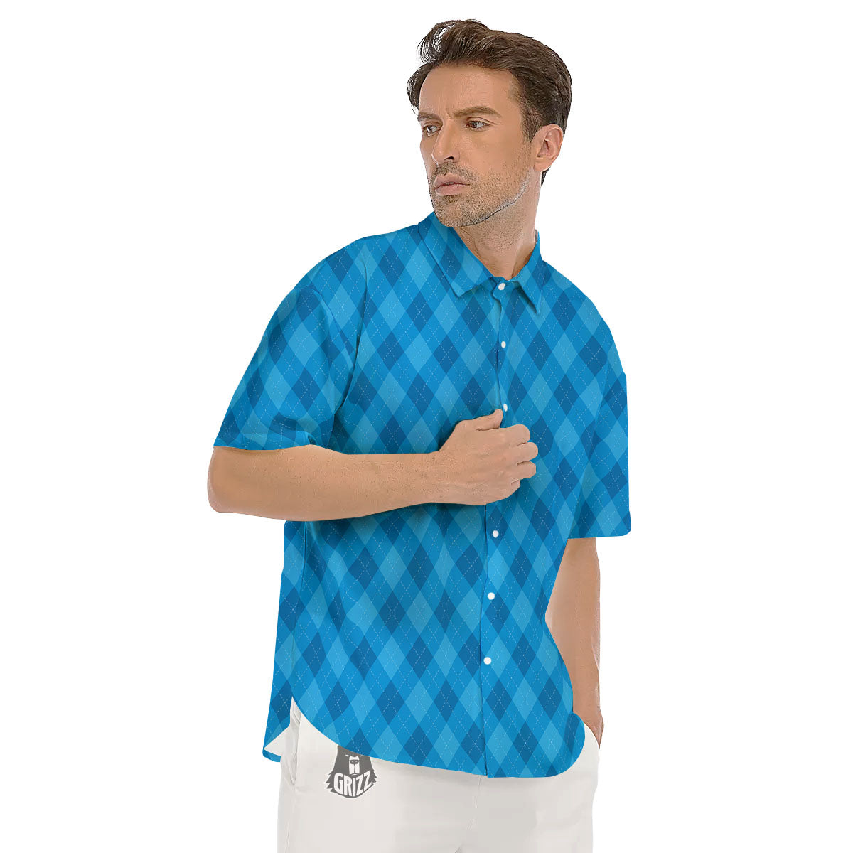 Blue Ocean Argyle Print Pattern Men's Short Sleeve Shirts-grizzshop