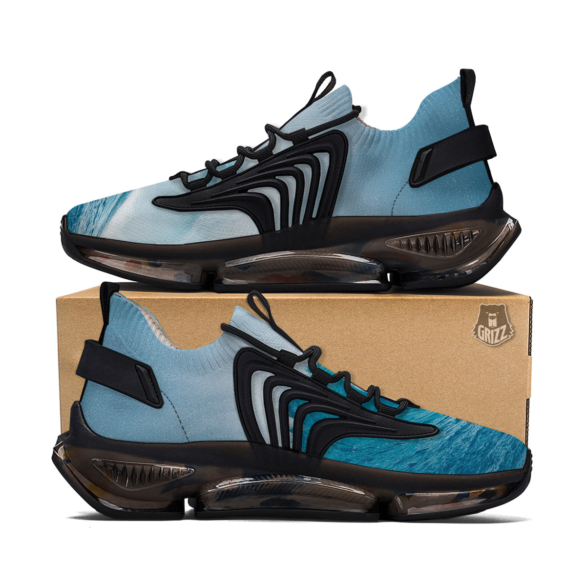 Blue Ocean Wave Print Black Gym Shoes-grizzshop