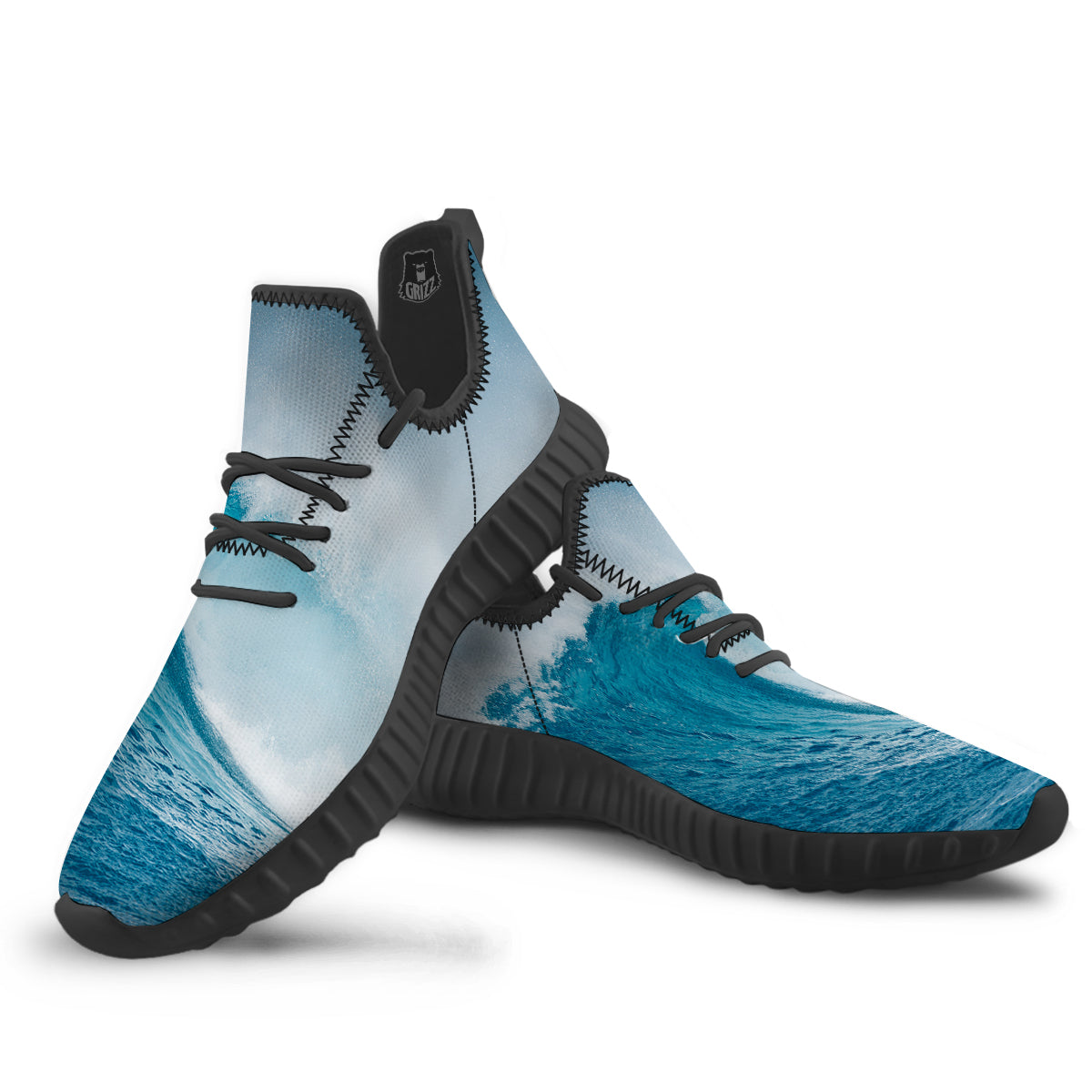 Blue Ocean Wave Print Black Walking Shoes-grizzshop