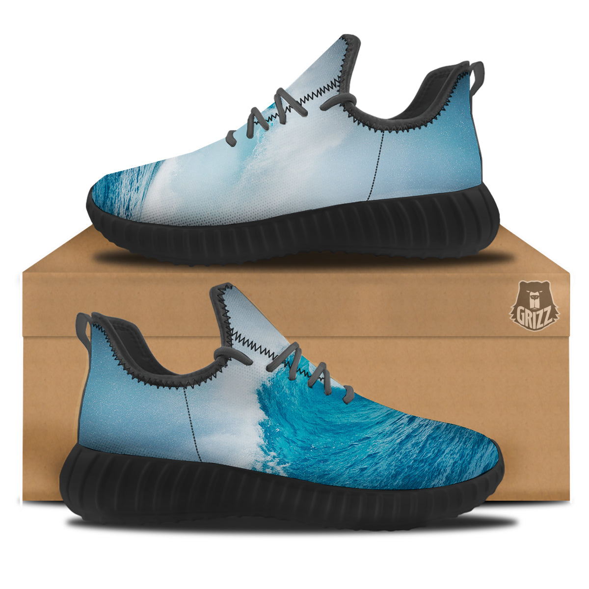 Blue Ocean Wave Print Black Walking Shoes-grizzshop