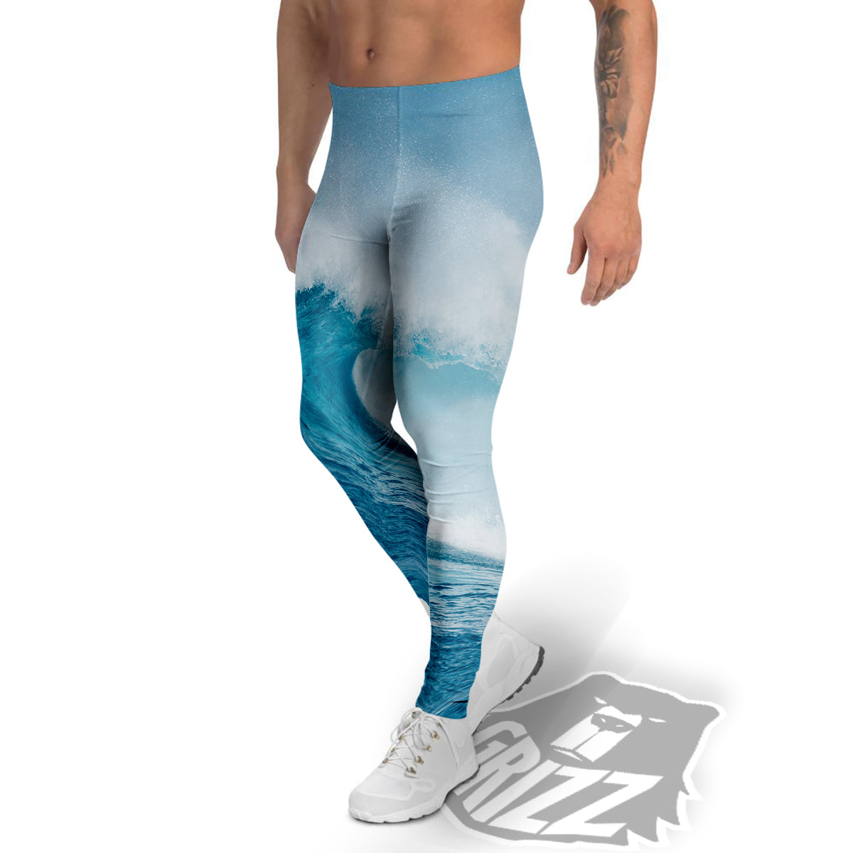 Blue Ocean Wave Print Men's Leggings-grizzshop