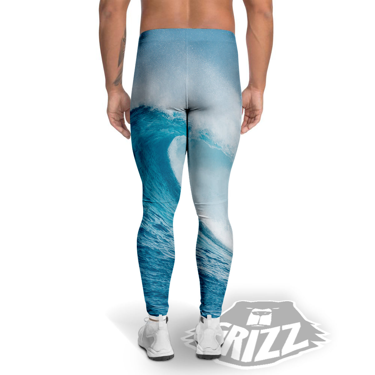 Blue Ocean Wave Print Men's Leggings-grizzshop