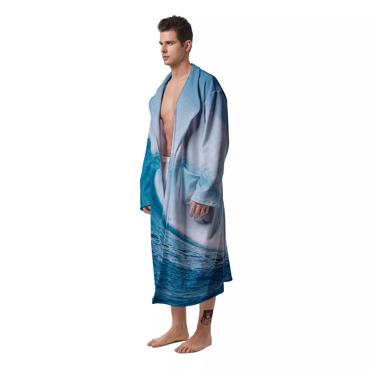 Blue Ocean Wave Print Men's Robe-grizzshop