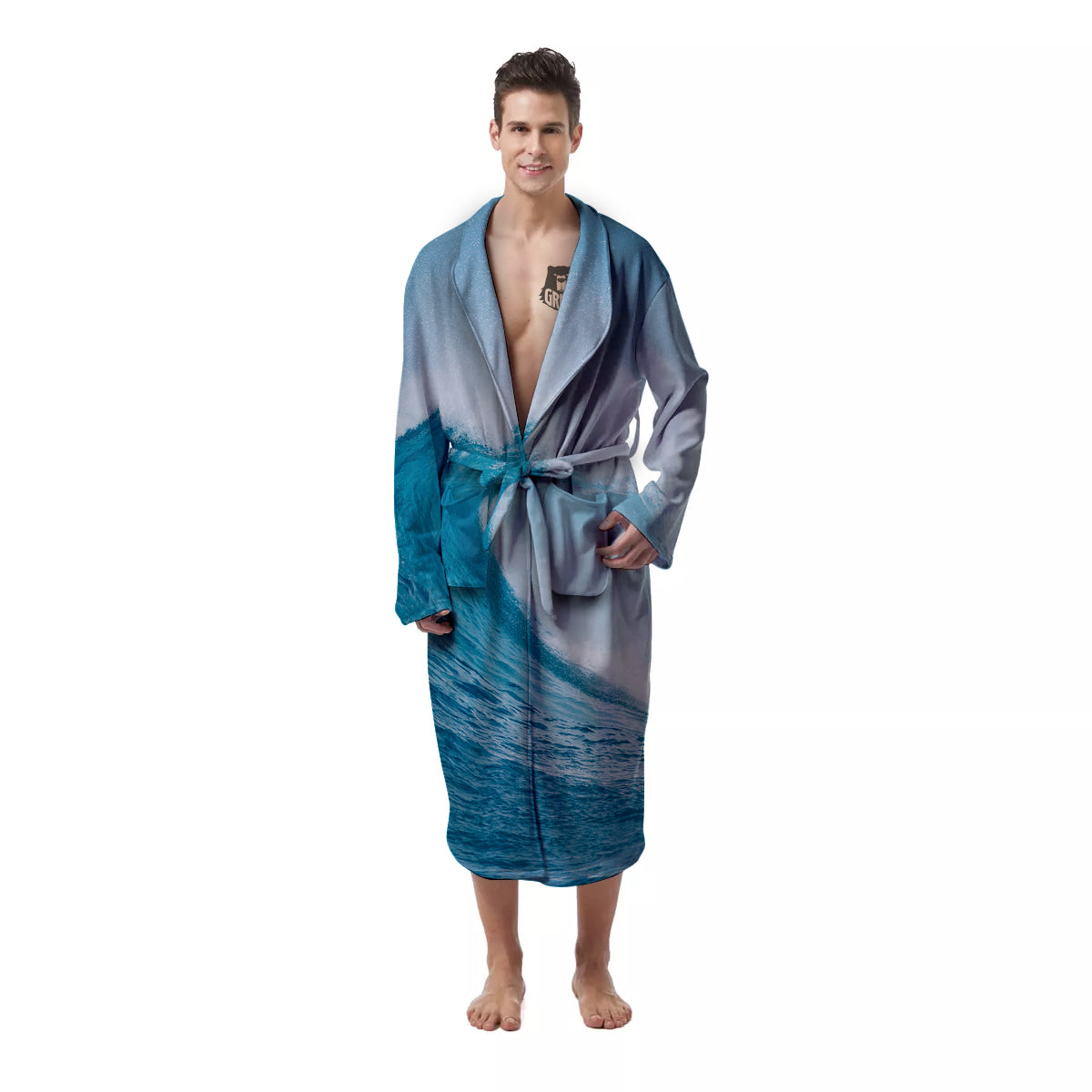Blue Ocean Wave Print Men's Robe-grizzshop