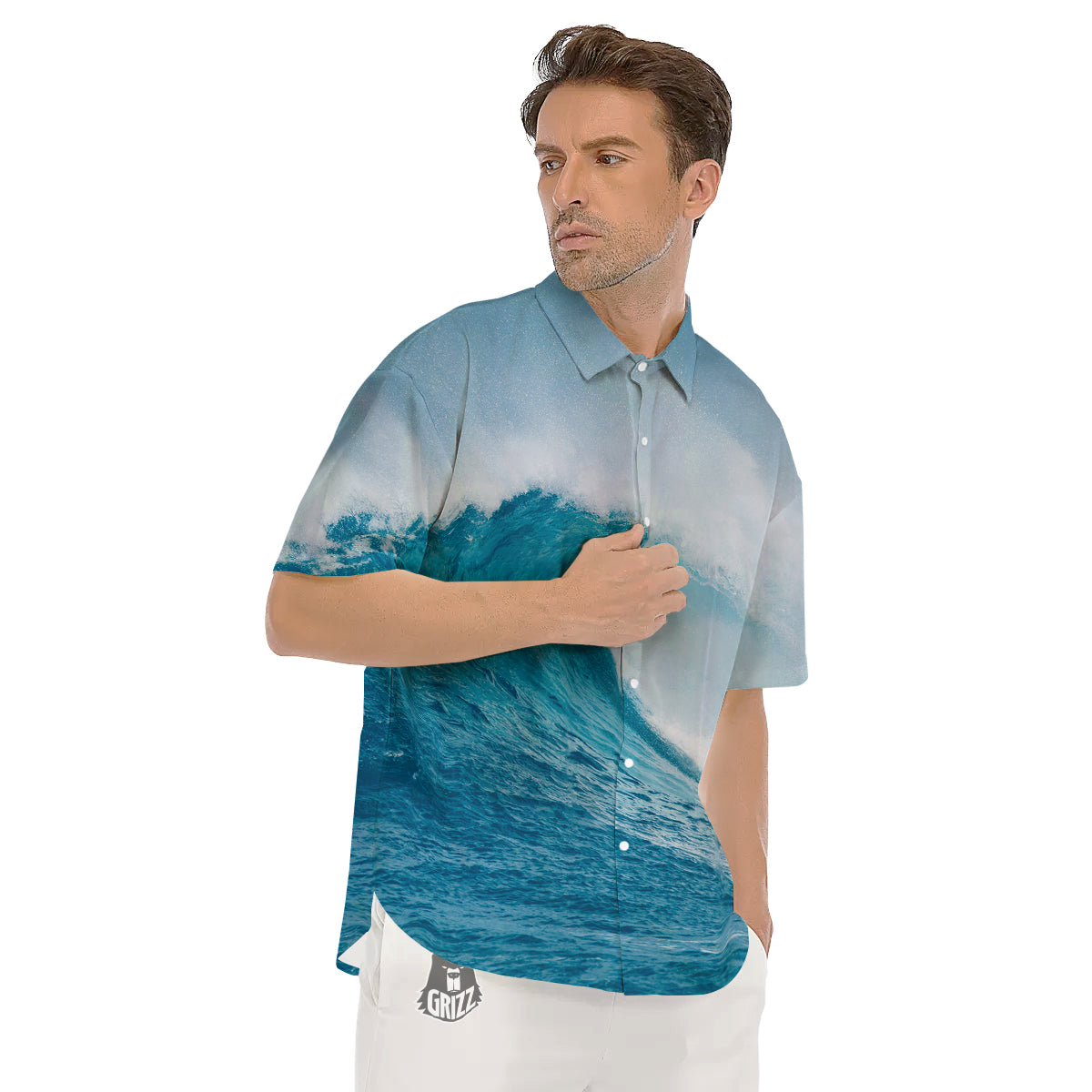 Blue Ocean Wave Print Men's Short Sleeve Shirts-grizzshop