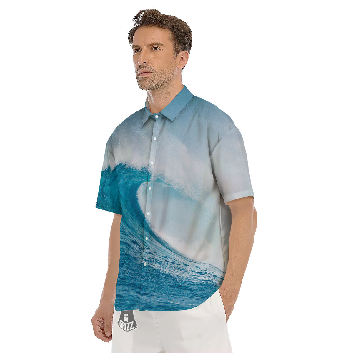 Blue Ocean Wave Print Men's Short Sleeve Shirts-grizzshop