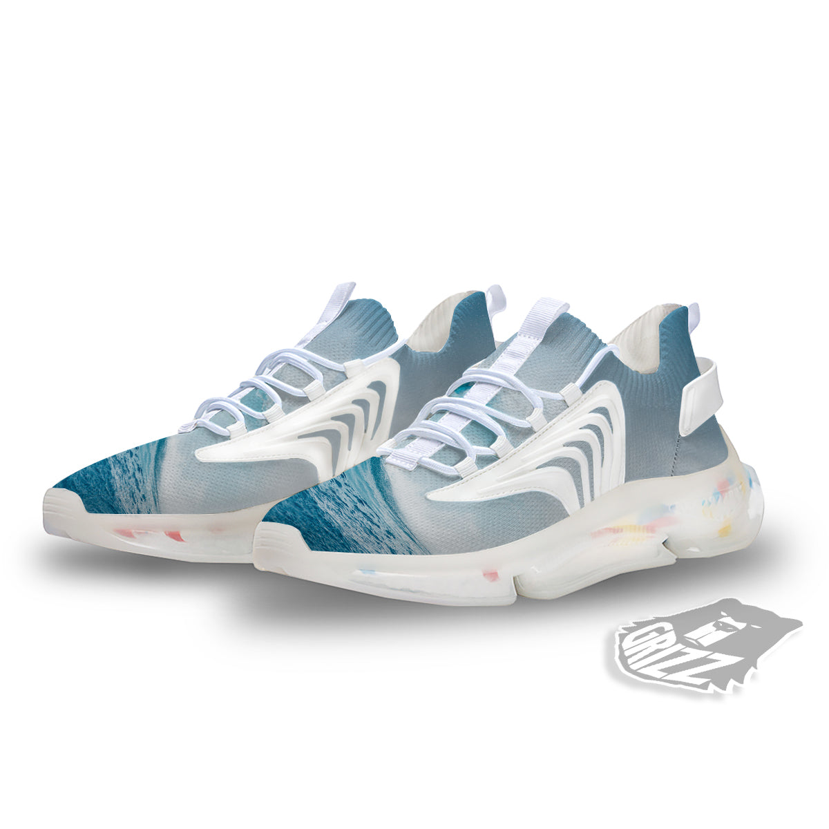 Blue Ocean Wave Print White Gym Shoes-grizzshop