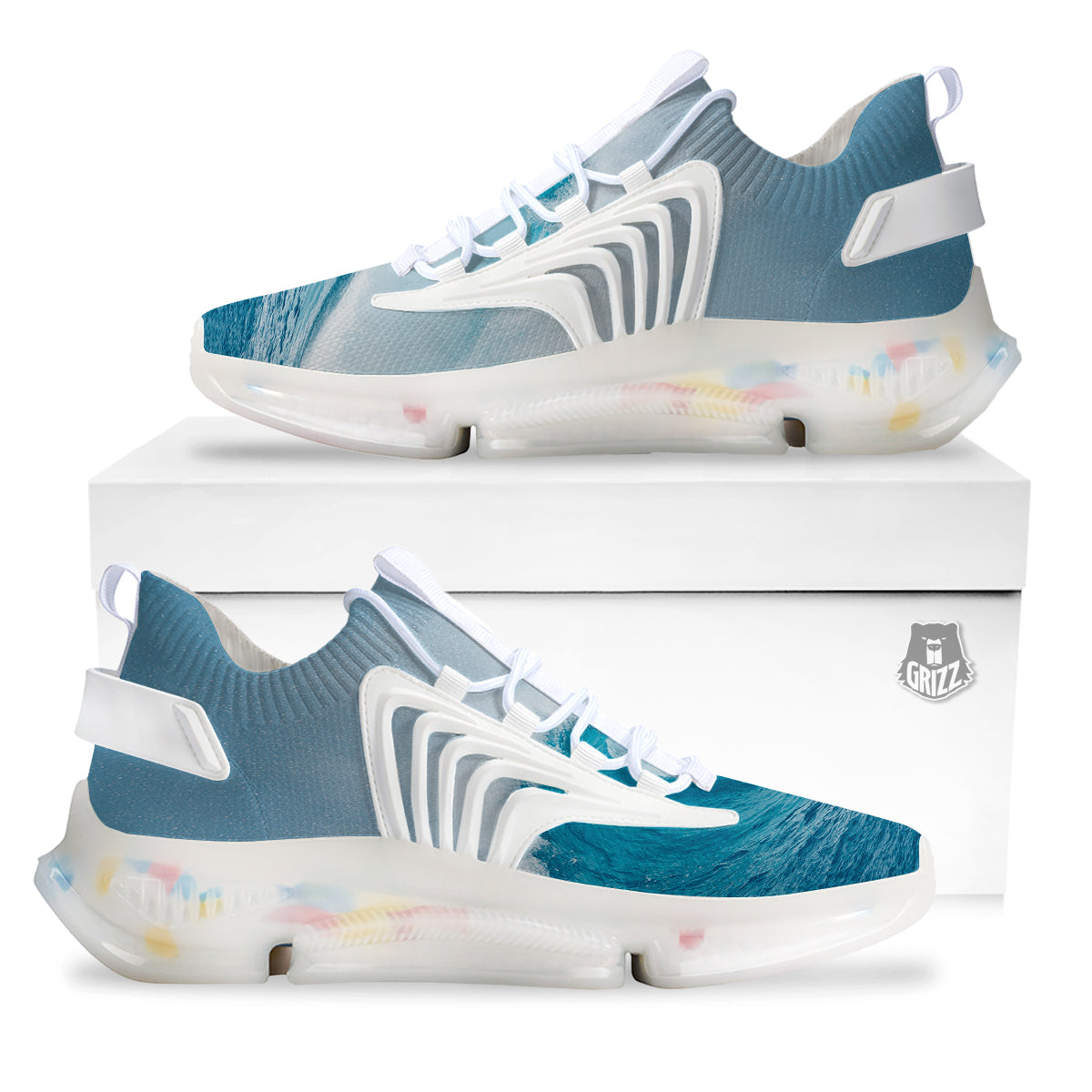 Blue Ocean Wave Print White Gym Shoes-grizzshop