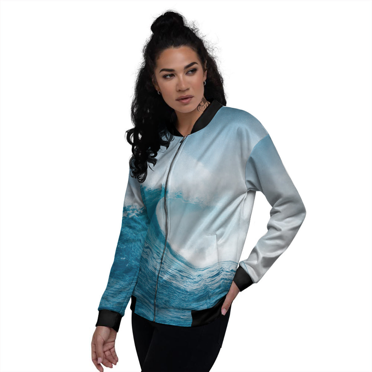 Blue Ocean Wave Print Women's Bomber Jacket-grizzshop