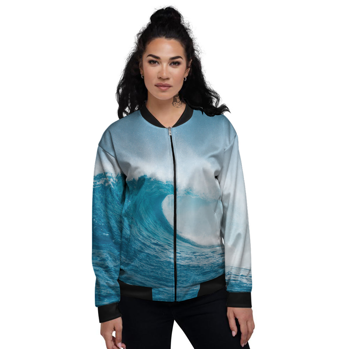 Blue Ocean Wave Print Women's Bomber Jacket-grizzshop