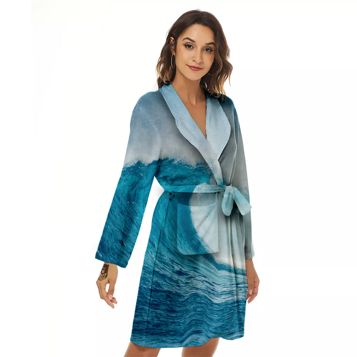Blue Ocean Wave Print Women's Robe-grizzshop
