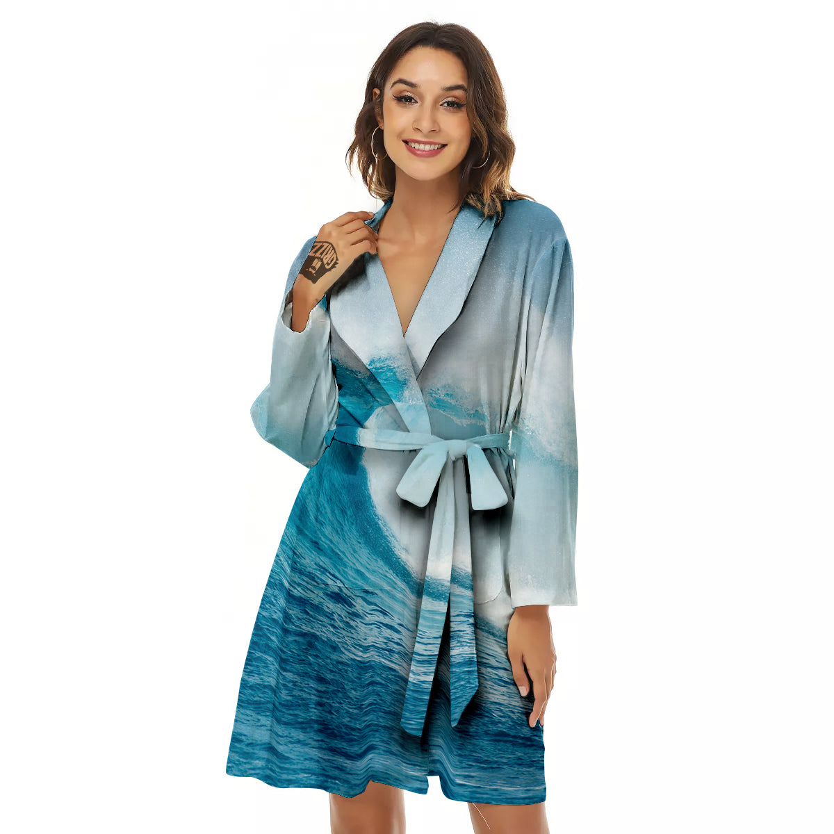 Blue Ocean Wave Print Women's Robe-grizzshop