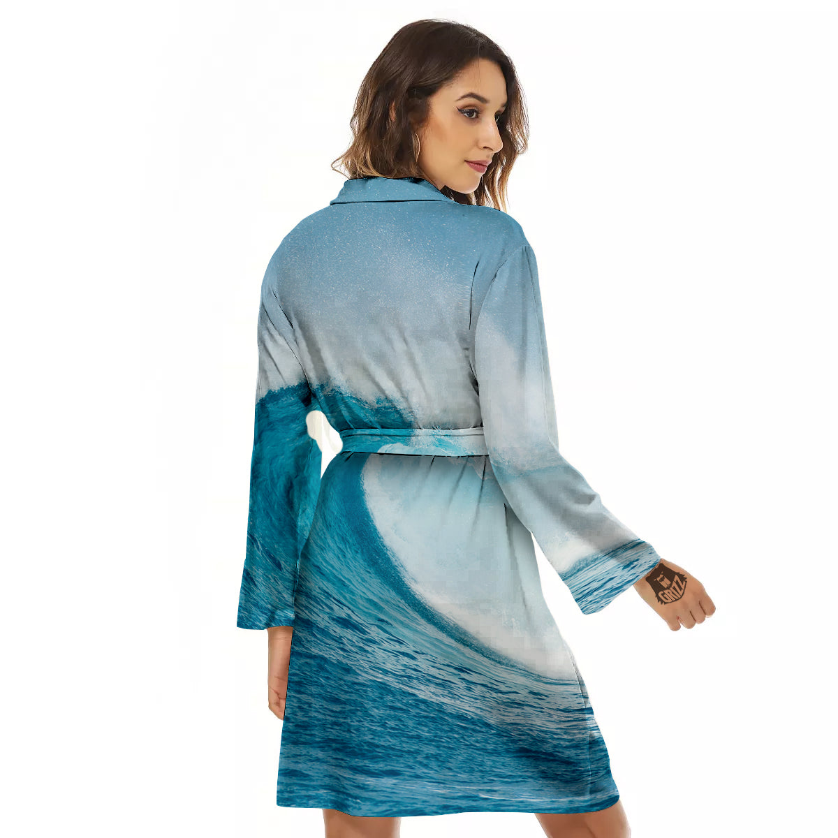 Blue Ocean Wave Print Women's Robe-grizzshop