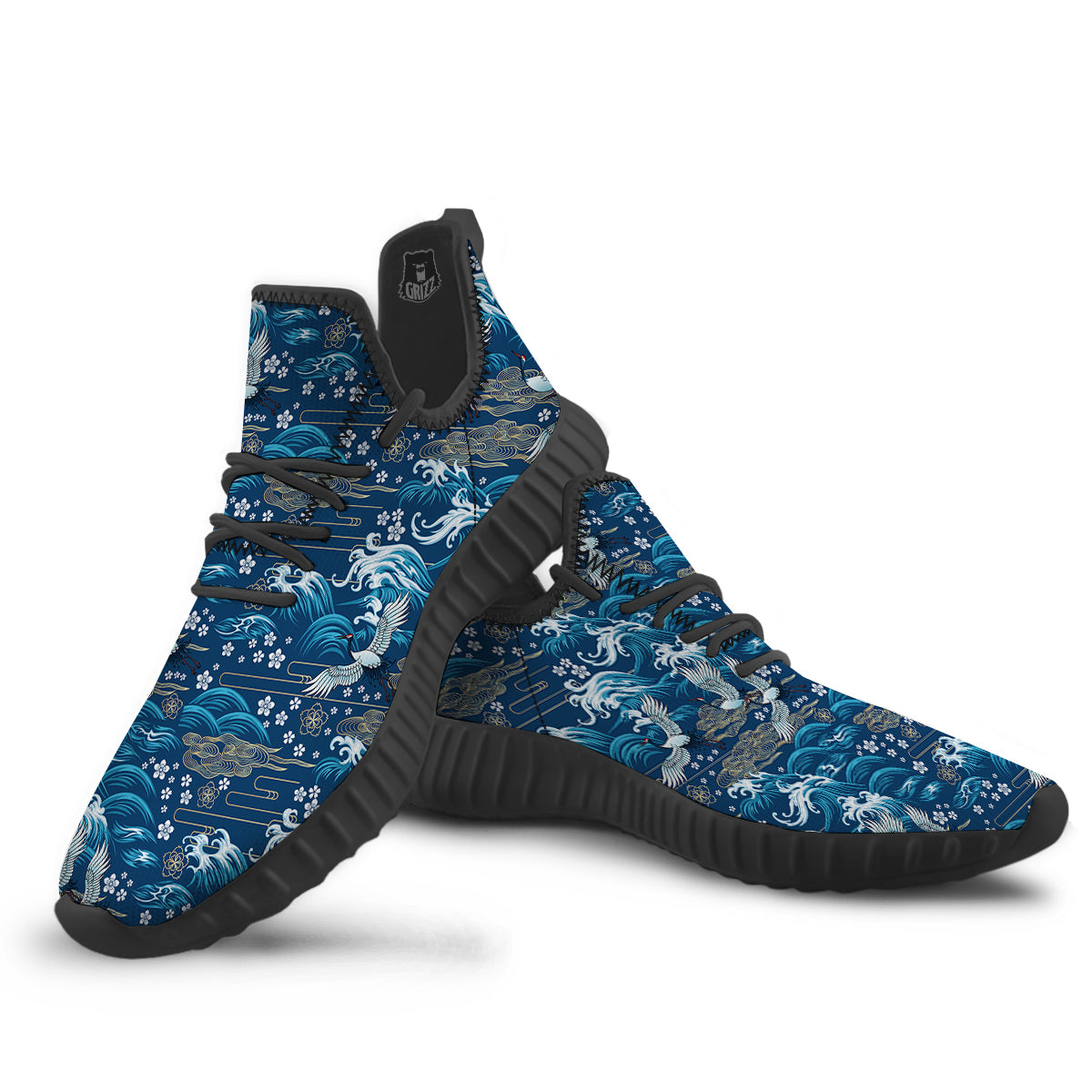 Blue Oriental Sea Print Pattern Black Walking Shoes-grizzshop