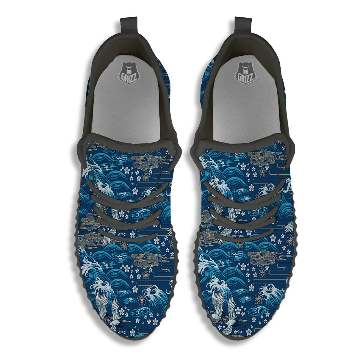 Blue Oriental Sea Print Pattern Black Walking Shoes-grizzshop