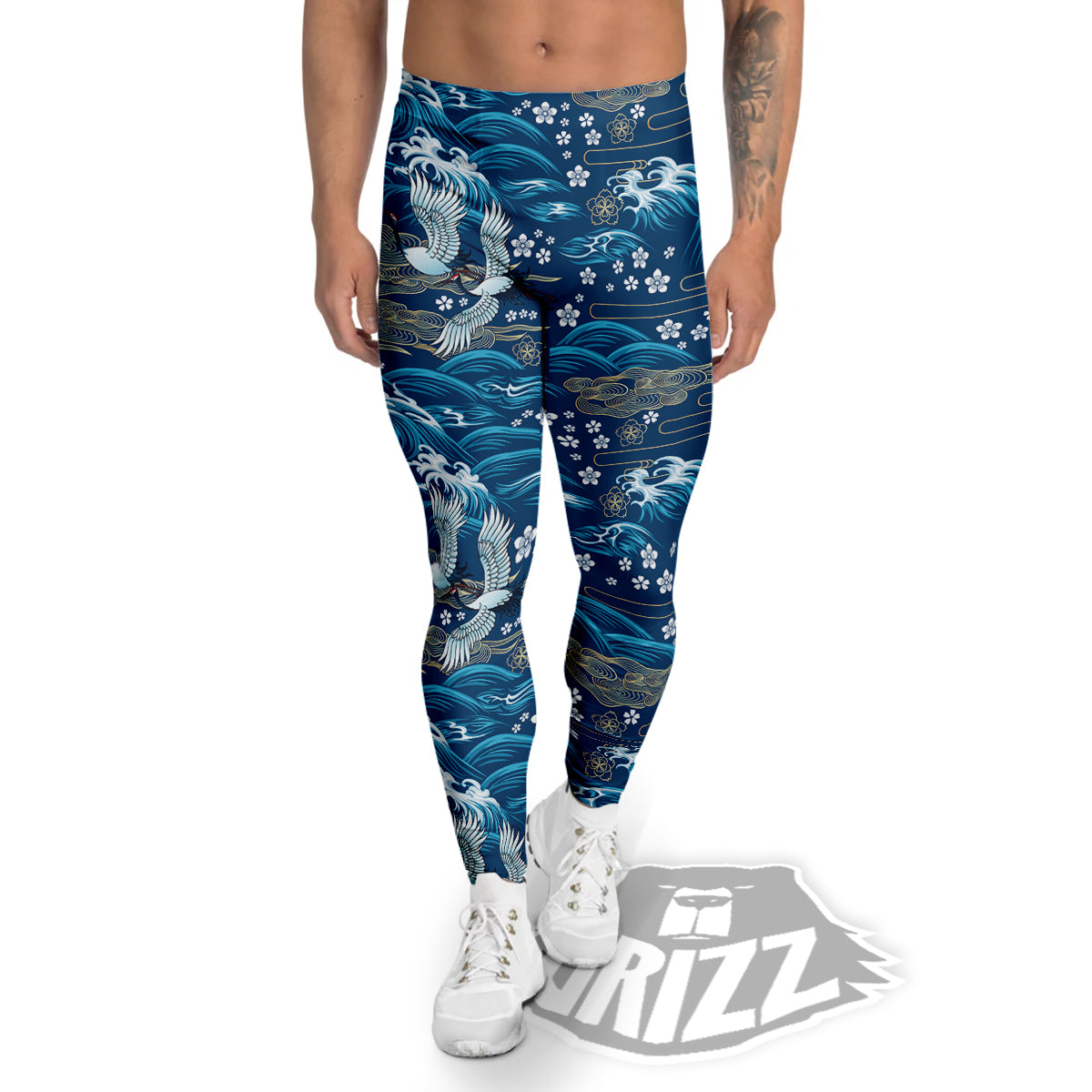 Blue Oriental Sea Print Pattern Men's Leggings-grizzshop