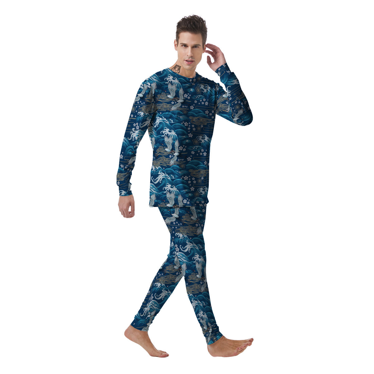 Blue Oriental Sea Print Pattern Men's Pajamas-grizzshop