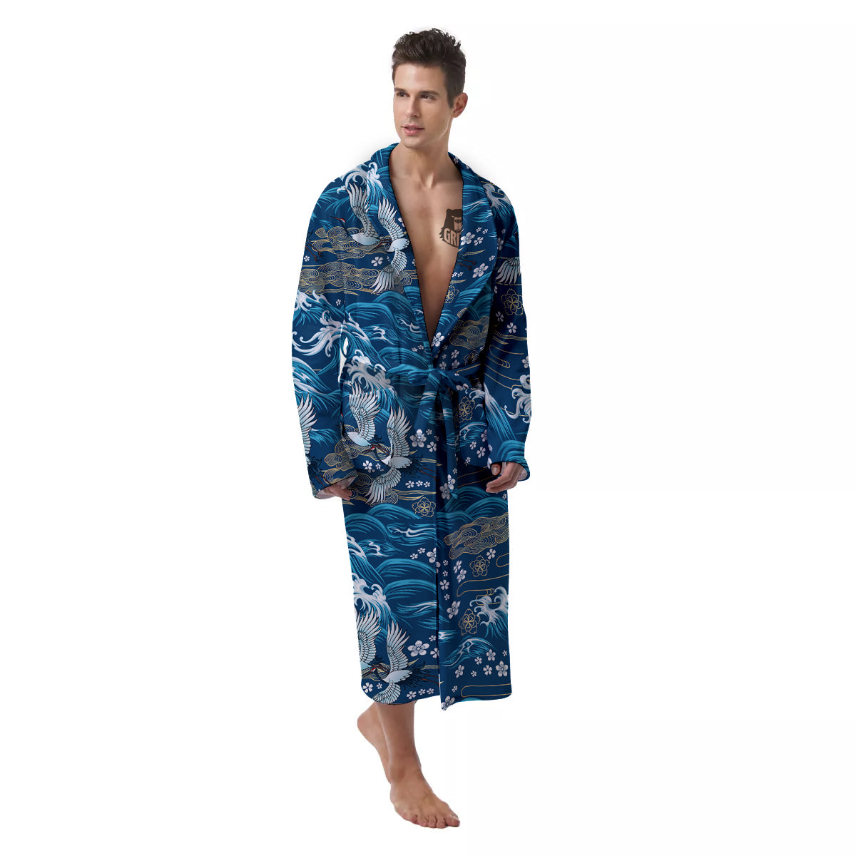 Blue Oriental Sea Print Pattern Men's Robe-grizzshop