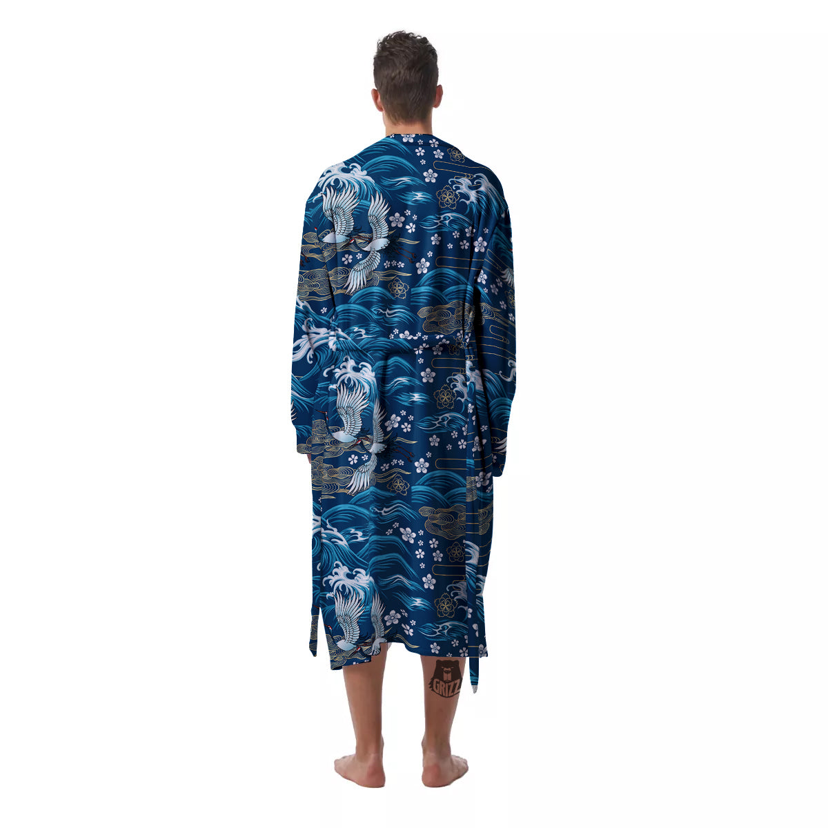 Blue Oriental Sea Print Pattern Men's Robe-grizzshop