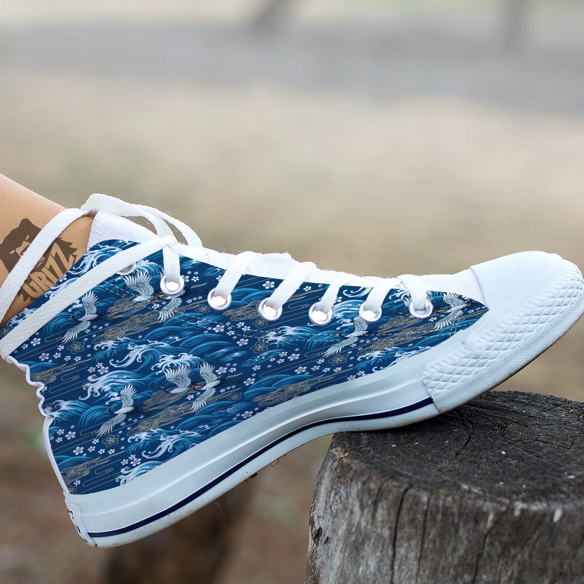 Blue Oriental Sea Print Pattern White High Top Shoes-grizzshop