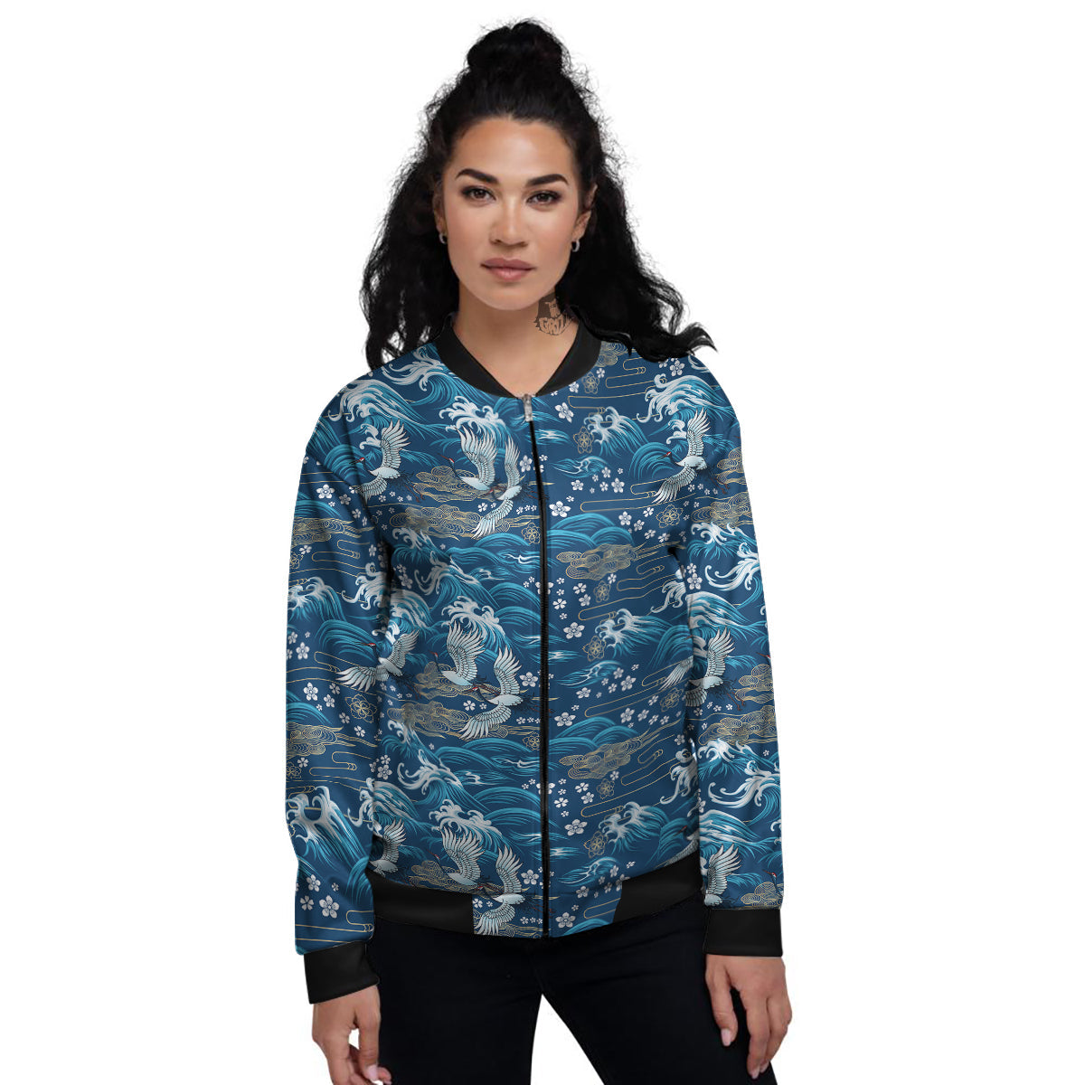 Blue Oriental Sea Print Pattern Women's Bomber Jacket-grizzshop