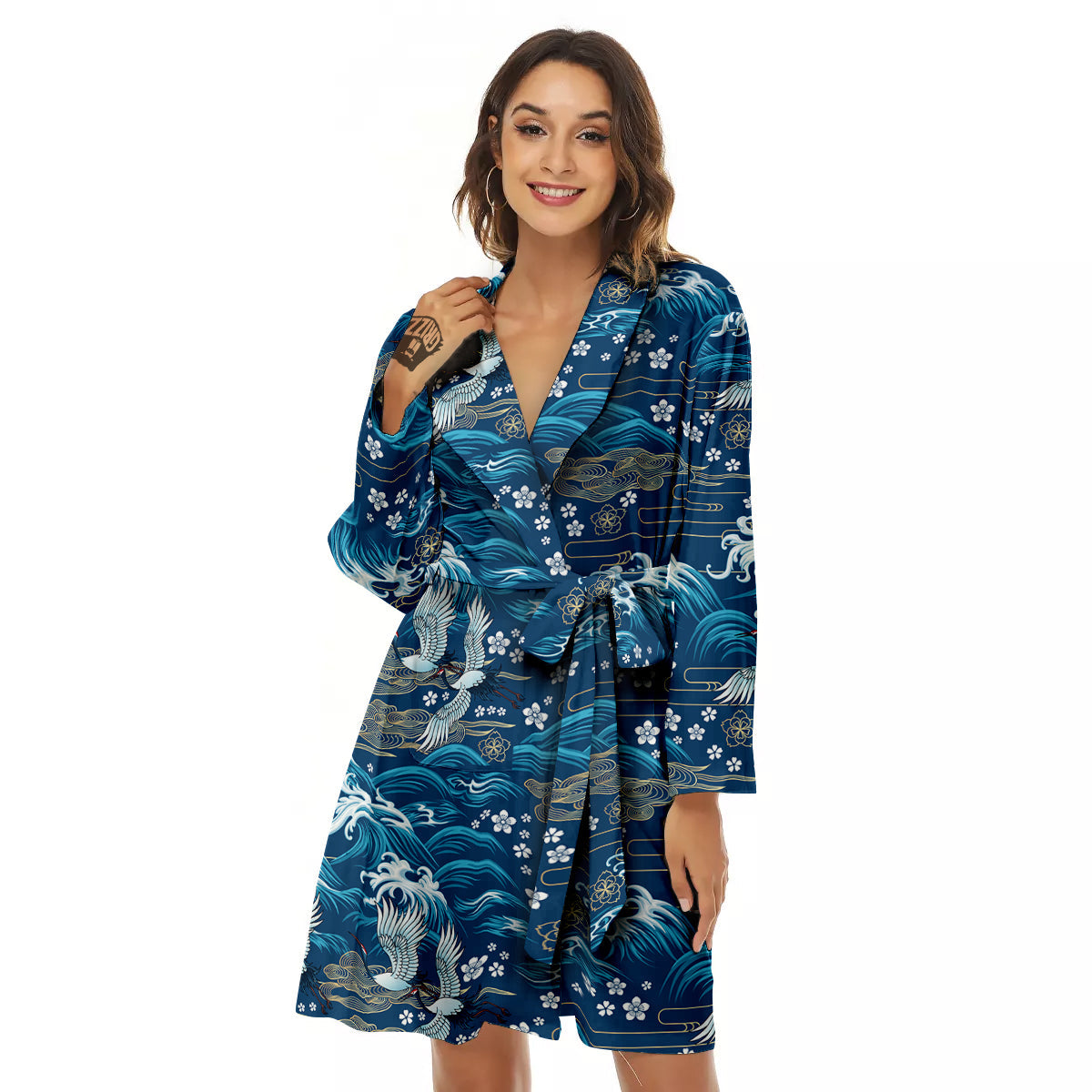 Blue Oriental Sea Print Pattern Women's Robe-grizzshop
