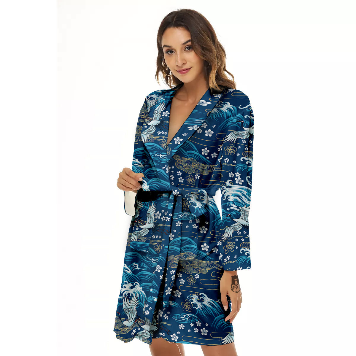 Blue Oriental Sea Print Pattern Women's Robe-grizzshop