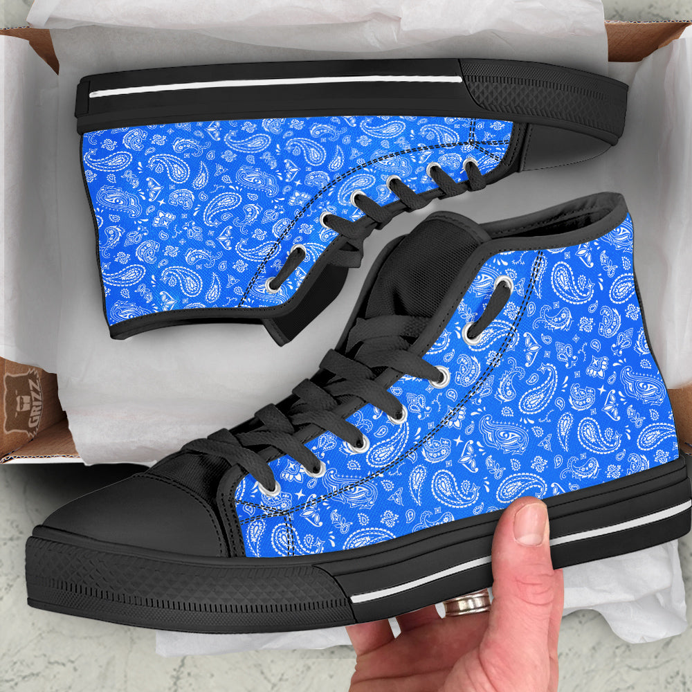 Blue Paisley Bandana Print Black High Top Shoes-grizzshop