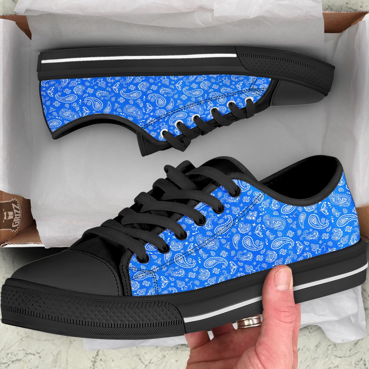 Blue Paisley Bandana Print Black Low Top Shoes-grizzshop