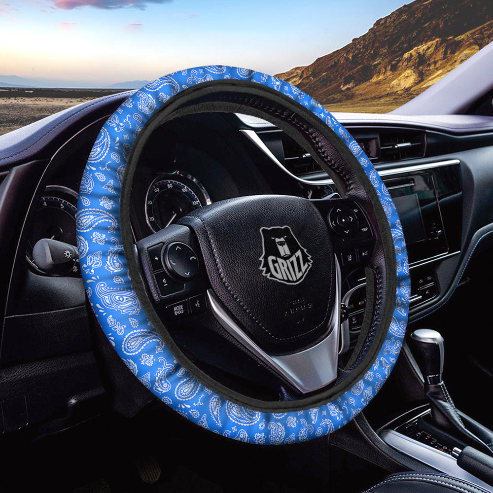 Blue Paisley Bandana Print Car Steering Wheel Cover-grizzshop