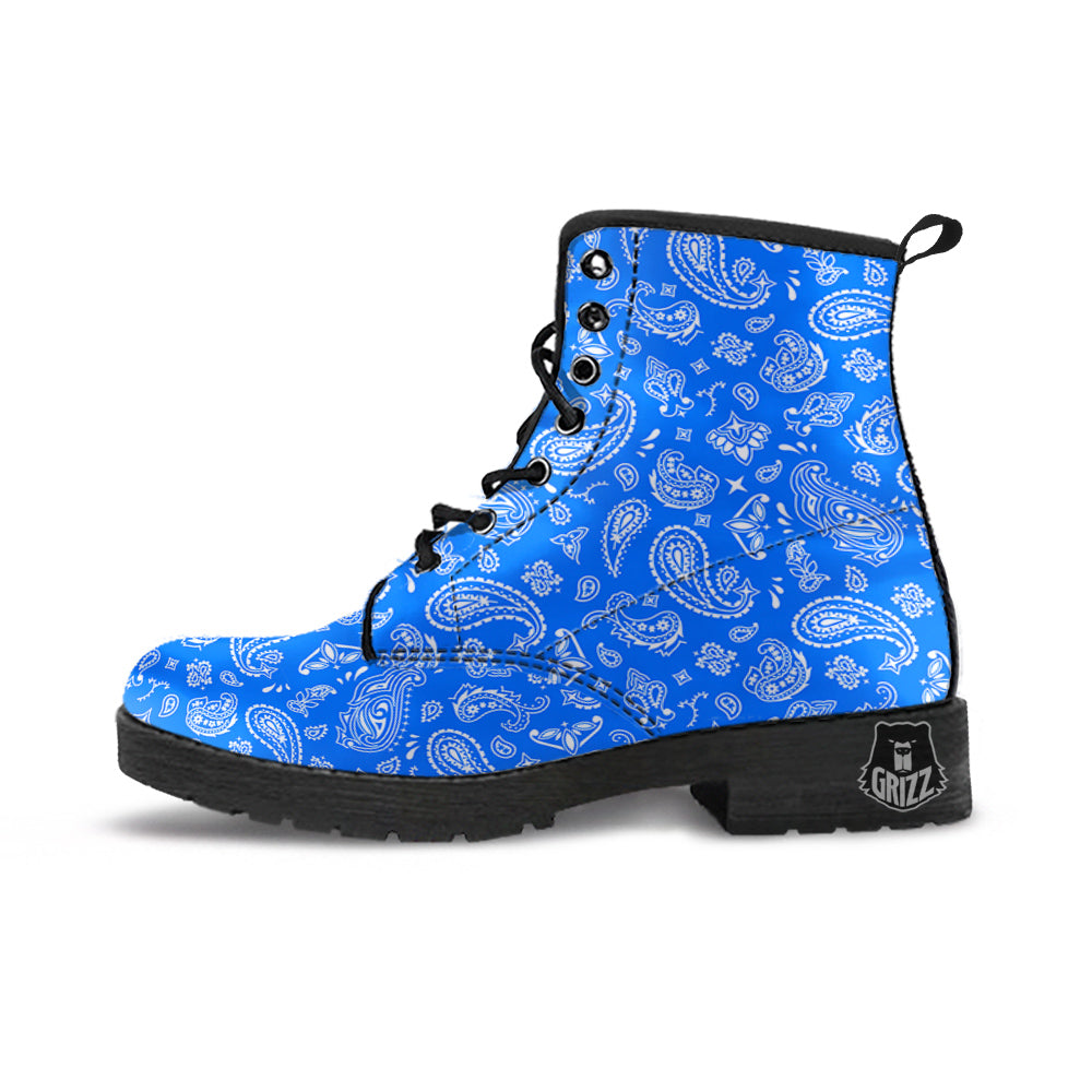 Blue Paisley Bandana Print Leather Boots-grizzshop