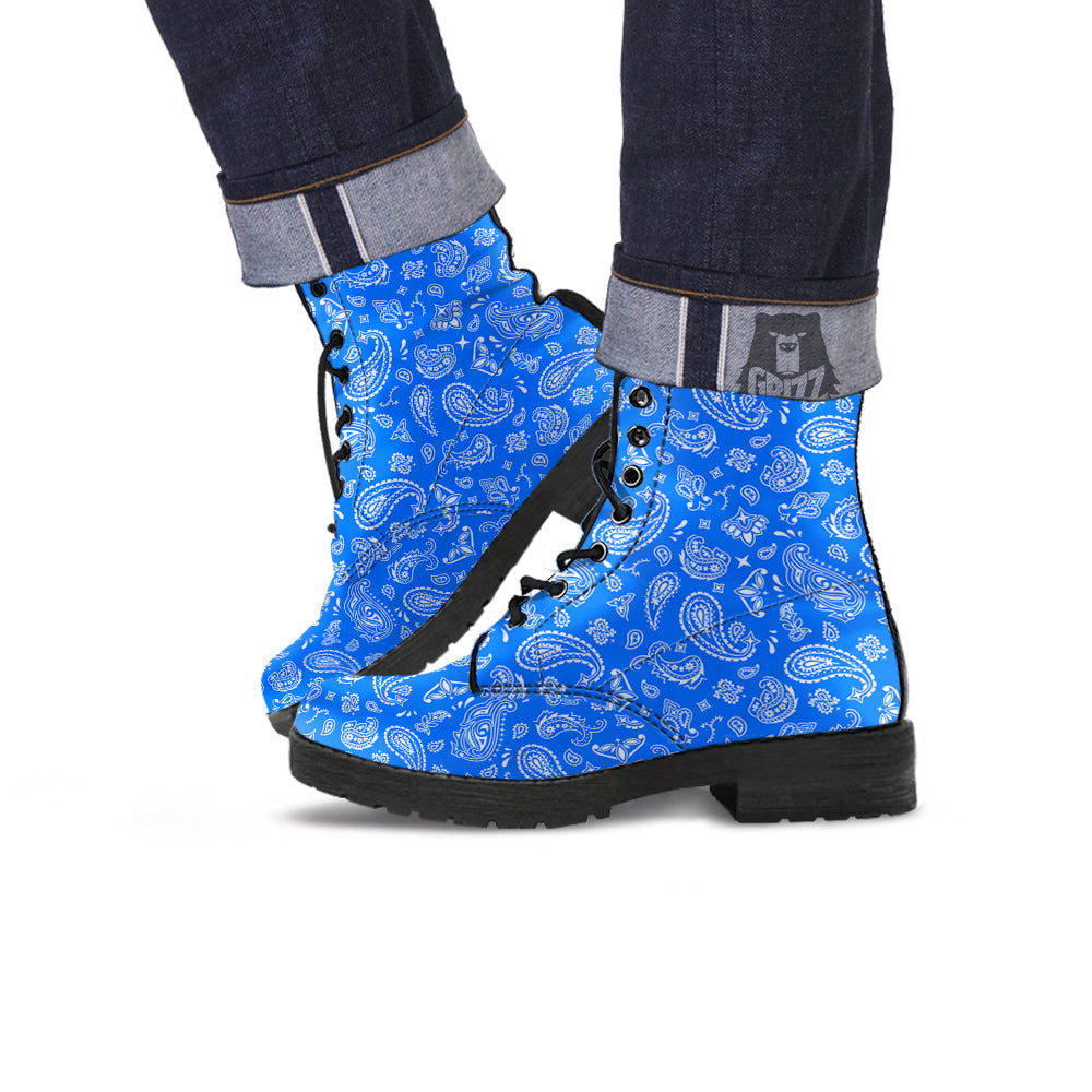 Blue Paisley Bandana Print Leather Boots-grizzshop