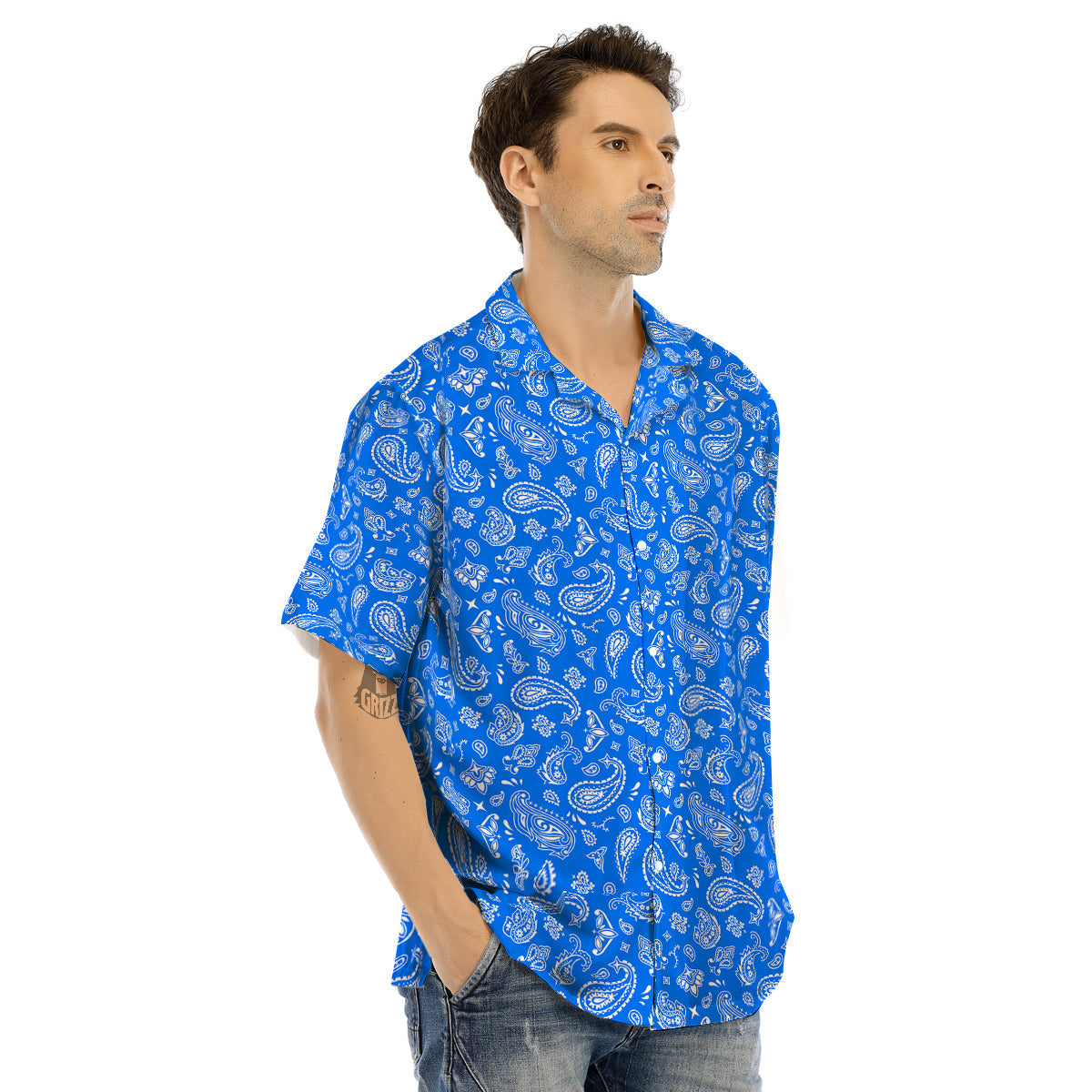 Blue Paisley Bandana Print Men’s Hawaiian Shirt-grizzshop