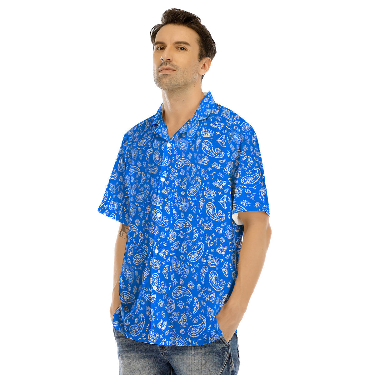 Blue Paisley Bandana Print Men’s Hawaiian Shirt-grizzshop