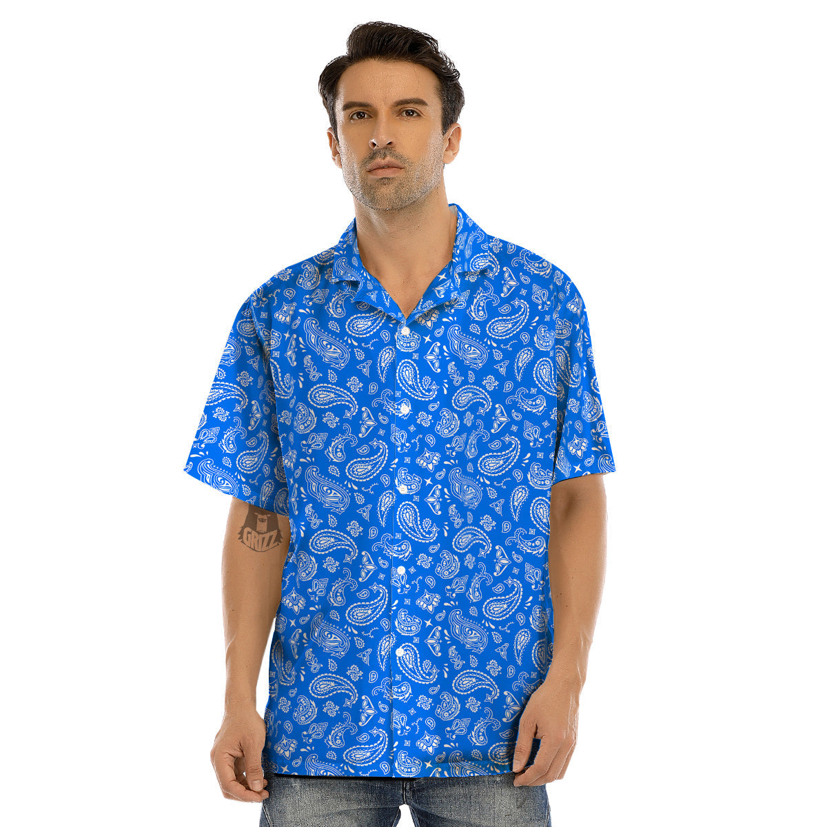 Blue Paisley Bandana Print Men’s Hawaiian Shirt-grizzshop