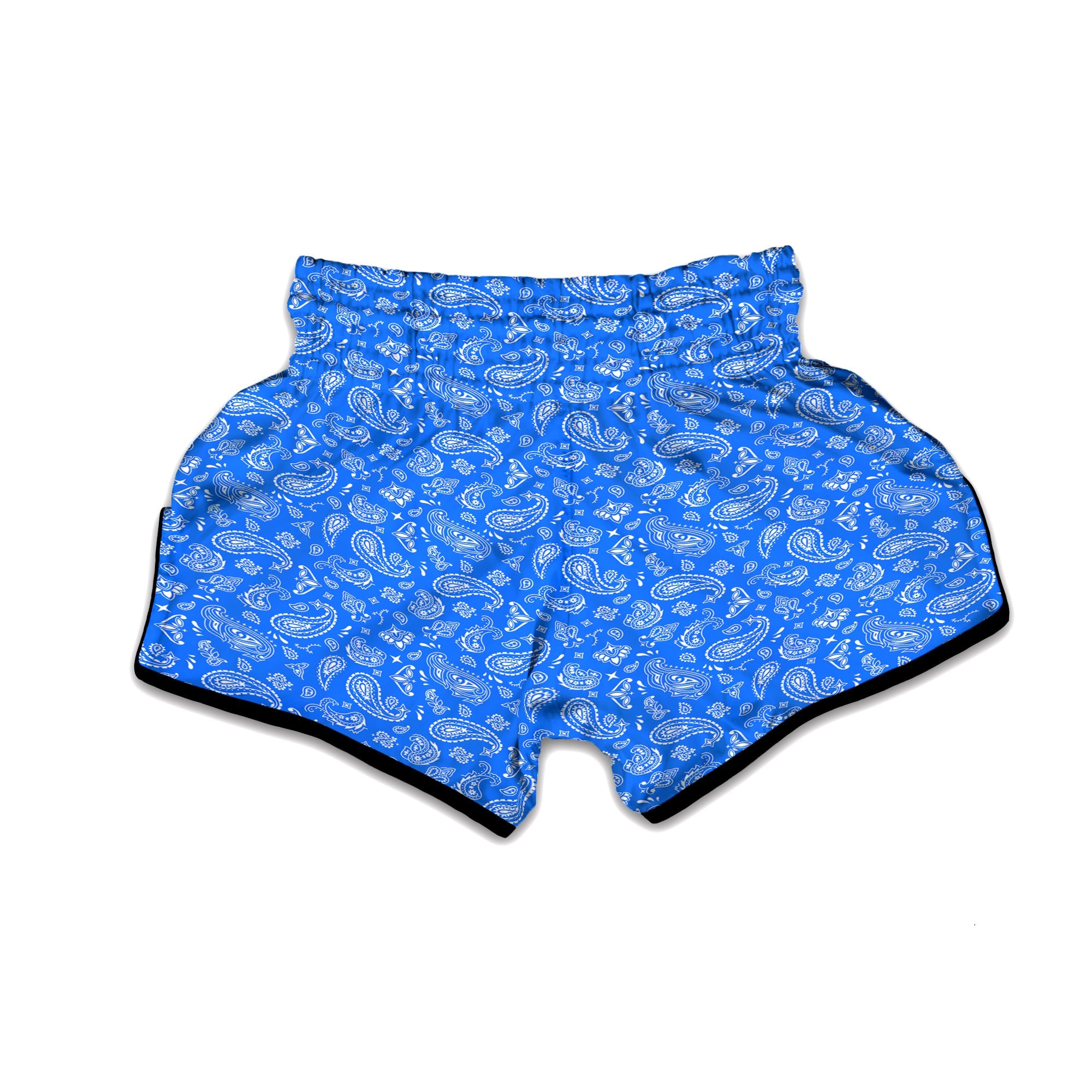 Blue Paisley Bandana Print Muay Thai Boxing Shorts-grizzshop